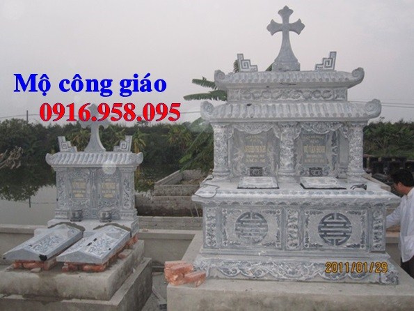 Kiểu mộ đôi đạo thiên chúa công giáo bằng đá kích thước chuẩn phong thủy đẹp bán tại Thanh Hóa