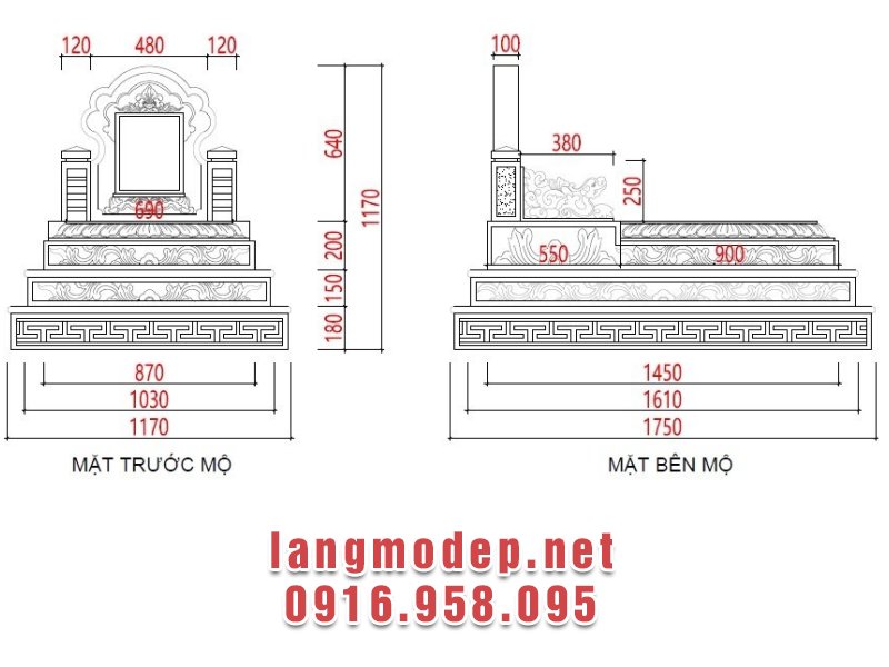 Bản vẽ 2D chi tiết kích thước mẫu mộ tam cấp đá xanh đen