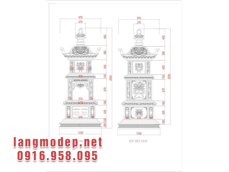 Bản vẽ 2D chi tiết kích thước mẫu mộ tháp đá được thiết kế cho gia chủ tại An Giang năm 2024