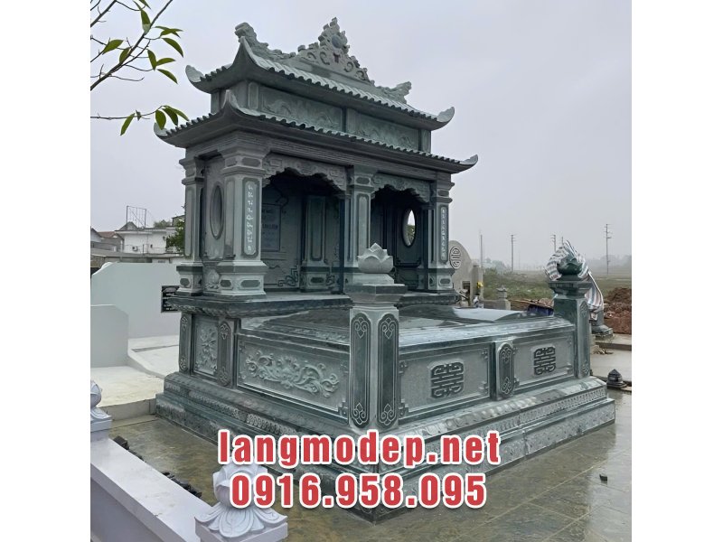 Mẫu mộ đôi 2 mái đá xanh rêu bền đẹp, bề thế, sang trọng, nổi bật