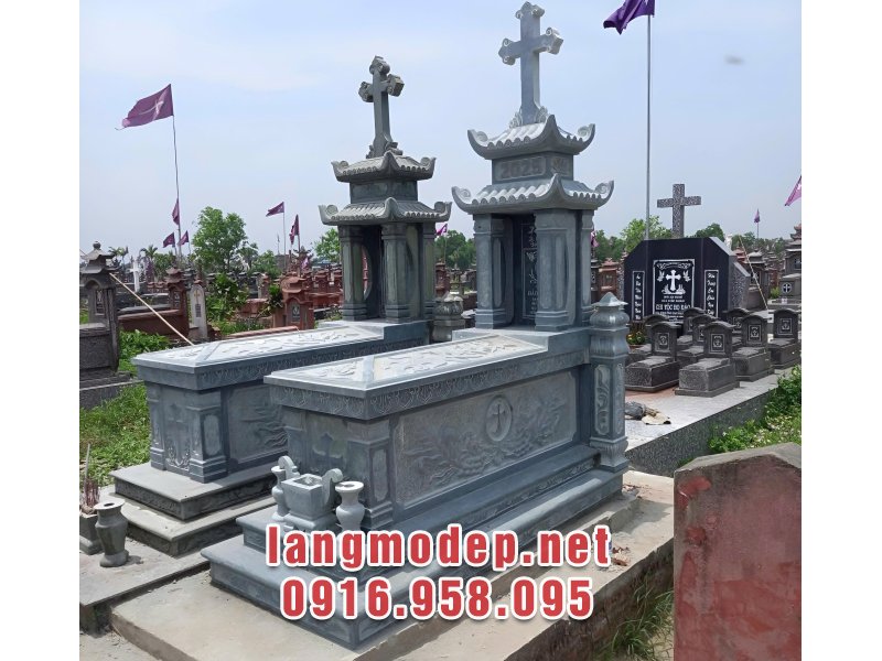 Mộ công giáo 2 mái đá xanh đen chuẩn phong thuỷ, bền đẹp, giá tốt năm 2025