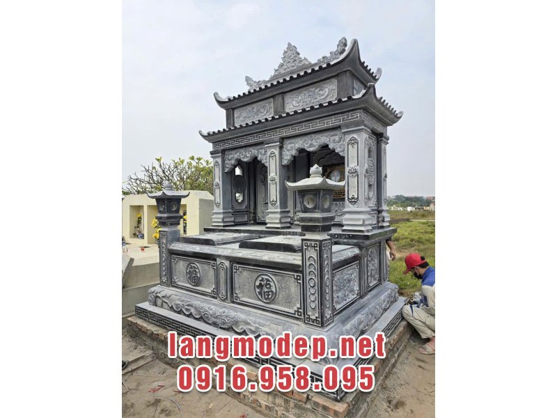 Mẫu mộ đá đôi 2 mái xanh đen uy nghi, bề thế, trang trọng, giá tốt