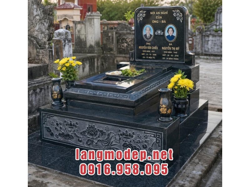 Mộ đôi đá granite chạm sen tinh tế, sang trọng, ý nghĩa năm 2026